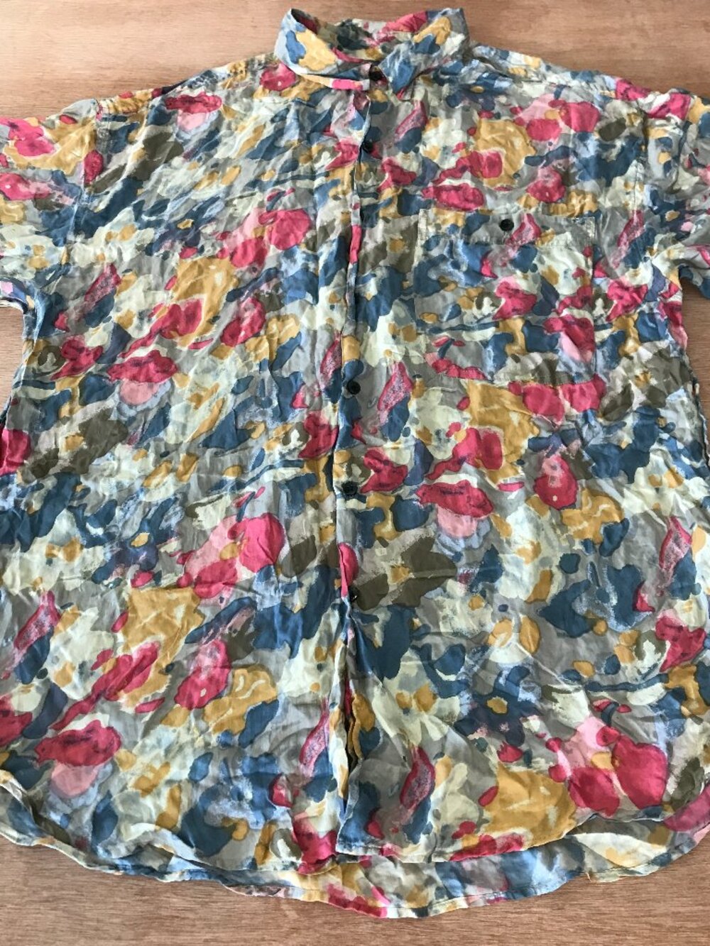 Goouch 100% Silk Shirt Men L Blue Red Abstract Watercolor Button Up Pocket 19505